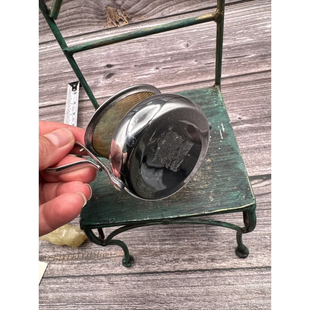 Antique German Tea Bag Mesh Swivel Strainer Silver Colored Drip Cup and Handle
